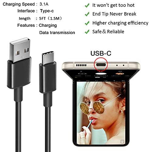 5-Крак кабел за бързо зарядно устройство, USB C за Samsung Galaxy Z Flip 4 5G, Flip 3, Flip 2, Samsung Galaxy