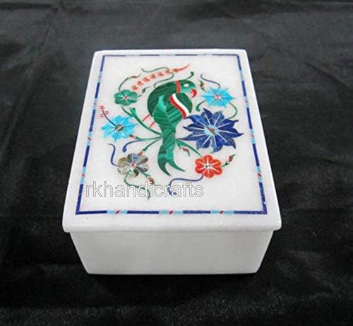 Ковчег за Гривни с Правоъгълна форма от Бял Мрамор с размери 5 х 3,5 Инча с Елегантна Инкрустация от Полускъпоценни камъни от Indian Vintage Art and Crafts