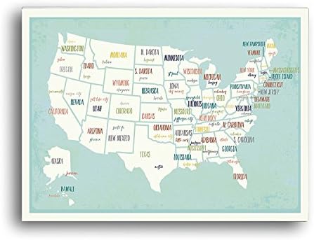 Художествена печат на картата на САЩ на стената, Печат 05x07 Инча, Стенни Карта на САЩ за деца, Интериор на детската Стая, трета пола Неутрална Детска стая, Обзавеждане