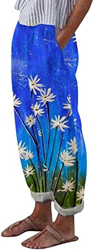 Дамски Ежедневни Ленени Панталони Свободно Намаляване С Флорални Принтом, Спортни Панталони Palazzo Фоайе, Широки