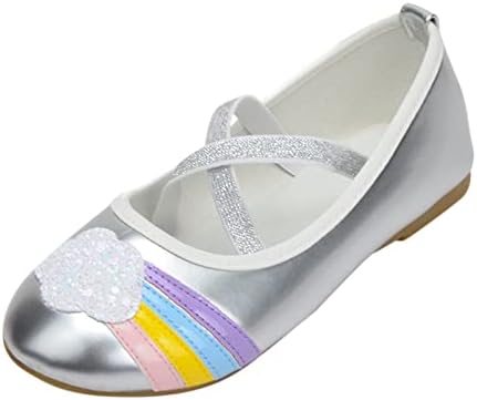 Модела обувки Mary Jane върху плоска подметка за момиченца, Ежедневни балет апартаменти на равна подметка, без закопчалка, Танцови обувки за деца (Сребрист цвят, 7-8 годи