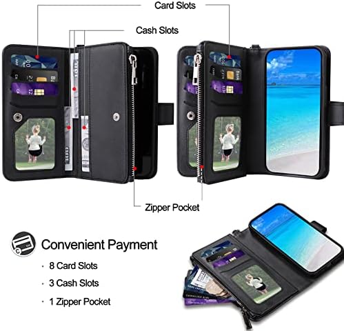 Калъф JZASES за Galaxy S9, Магнитен свалящ-джобен формат 2 в 1, Калъф за телефон от изкуствена кожа с държач за карти Samsung Galaxy S9, Черен