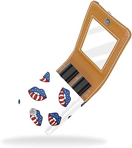 Мини-Калъф за Червило с Огледало за Чантата си, Устните си с Американския Флаг, Преносим Калъф за Организиране на