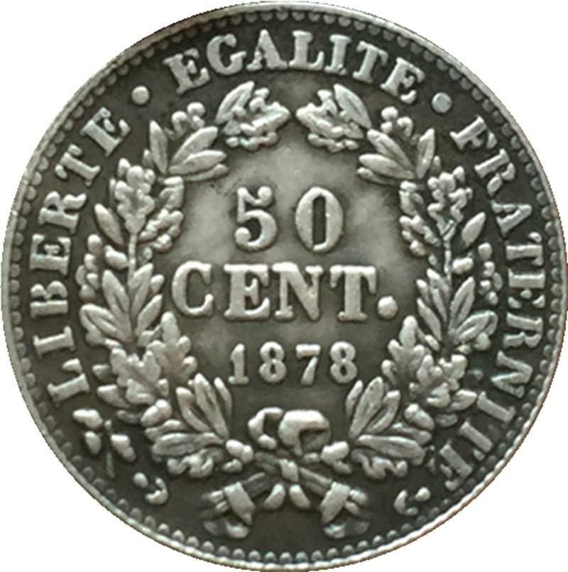 Френска Монета от 1878 Г. От Чиста Мед, Антично сребърно покритие Сребърен Долар Монета Ръчно изработени Колекция,