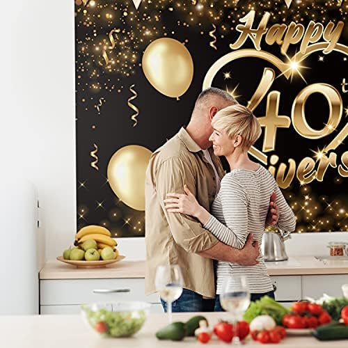 Честит Фон за 40–Годишнината си, Банер, Декор, Черно Злато, Блестящо Сърцето си за Любовта, Лъки 40-та Годишнина