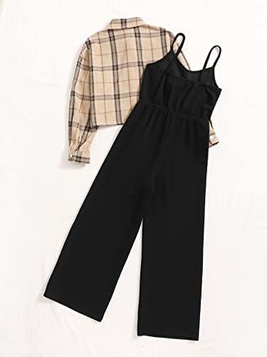 Комплект дрехи OYOANGLE за момичета от 2 теми, Карирани Топ, Риза с копчета и дълъг ръкав и гащеризон спагети презрамки