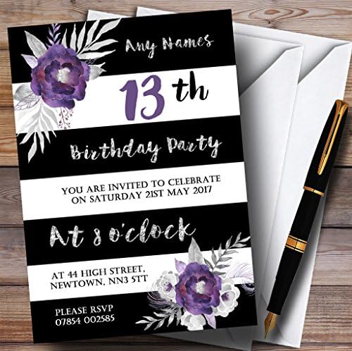 Черно и Бяло, Сребристо-Лилаво Цвете на 13-о Персонални Покани на Парти по случай рождения Ден