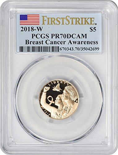 2018-Паметен знак W за информиране за рак на гърдата, на стойност 5 златни долара, PR70DCAM, First Strike, PCGS