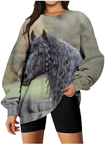 Реколта Западна Етническа Hoody за Жени с 3D Модел на Коня, Ежедневни Hoody с Кръгло Деколте и Дълъг Ръкав,