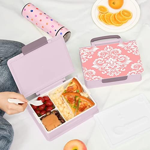 Контейнер за Обяд в стил Барок Kigai Damask Pink Flower Lunch Box 1000 мл Bento Box с Лъжица и Вилици, 3 Отделения,