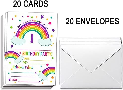 ukebobo 1st Rainbow Покани на рожден ден в пликове, Покани за рожден ден, Украса за дъгова партита – 20 Картички