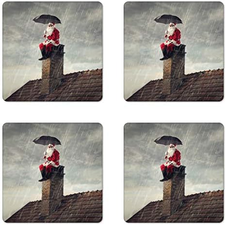 Комплект от 4 коледни каботажните Ambesonne, Снимка на дядо коледа, Седнал на камината с чадър под проливния