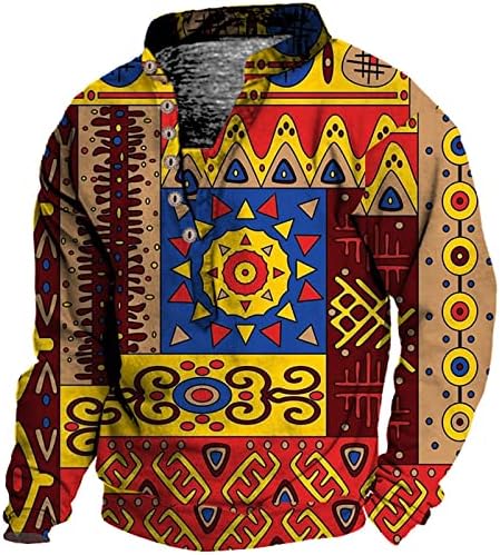 Мъжки Цветна Тениска с дълъг Ръкав Копчета, Открит Племенен Модел Tribal Топ Тениска с Черепашьим Деколте