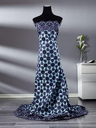 Африканска лейси плат, бродерии памучен лейси кърпа 5 ярда за сватбена рокля (тъмно синьо)