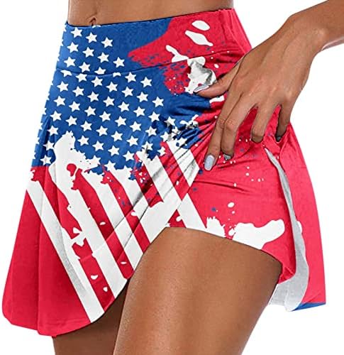 На 4 юли, Спортни Поли с Къси панталони под Американски флаг за Жени, Струящиеся Плисирани къси Панталони за голф с Висока Талия, Спортни Кюлоты 2 в 1