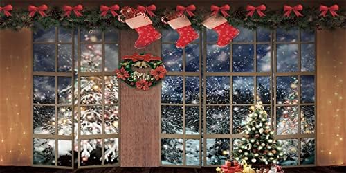 20X10ft Коледен Селски Фон От Дървен Прозорец Коледна Приказка Държава Коледно Дърво Снежна Сцена Чорапи на