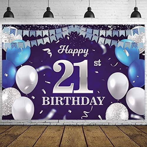 От 21-Ия Рожден Ден на Банер на Фона на Тъмно-Сини Балони, Конфети Шарени Флаг Светлинни Петна Поздрави 21-Годишен
