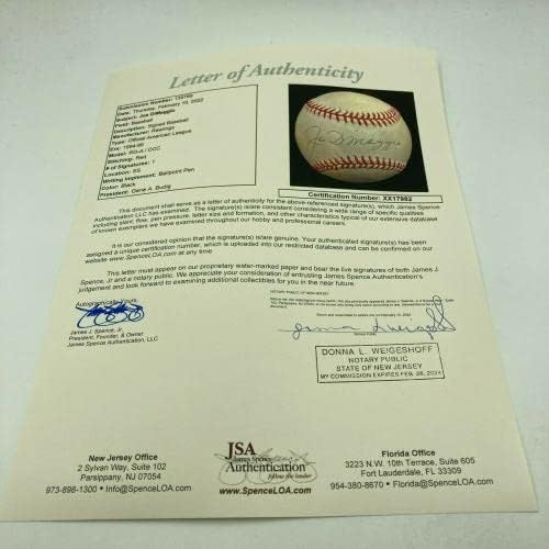Славен Джо Ди Маджо Подписа Официално споразумение на Американската лига бейзбол JSA COA - Бейзболни топки с