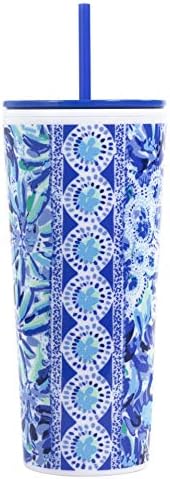Чаша Lilly Pulitzer Blue с двойни стени, с капак и соломинкой за Еднократна употреба, Изолиран Пътен чаша Побира 24 унции, висока устойчивост