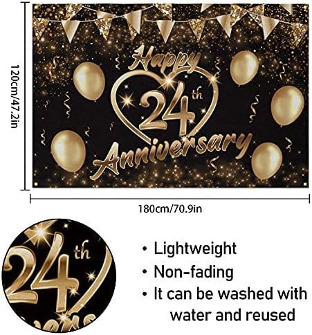 Честит Фона на 24–та Годишнина от Банер Декор на Черно Злато - Блестящо Сърце на Любовта Честит 24 Г. Годишнина