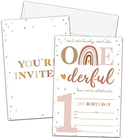 Покани Картички на парти в чест на 1-ви рожден ден, Покани за рожден Ден в стил бохо с дъга, Двустранни Модерни