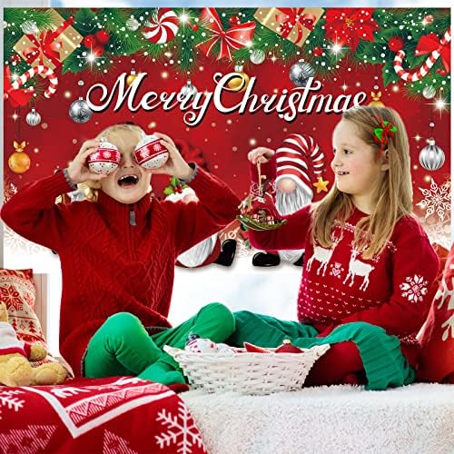На весел Фон за Коледно Парти Украса на Голям Текстилен Червен Коледен Банер с Гномом Фон за Фотобудки за Коледните