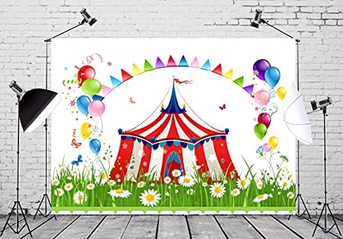 CORFOTO Плат 9x6ft Цирк Фон Снимка на Палатка На Поляната Цветни Знамена и Балони Празник Карнавал Фон за Душата