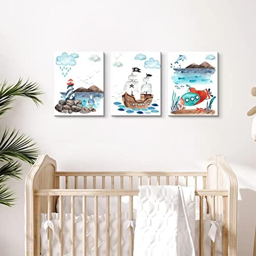 Пиратски Кораб Стенно Изкуство за Декор на Детска Стая на Карикатура на Океана Фар Картина Момчета Спалня Картина
