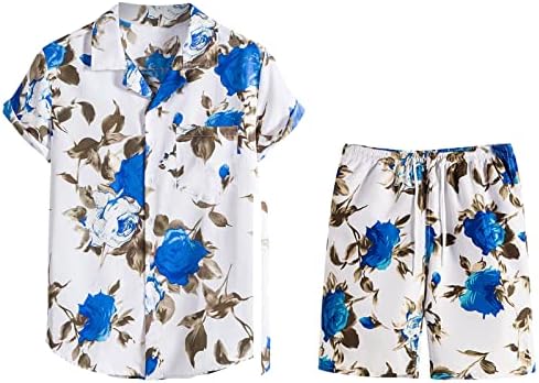 Мъжка Риза с цветя Модел, Хавайски Комплекти Редовен Намаляване, Ежедневни Риза с копчета и къси Панталони,