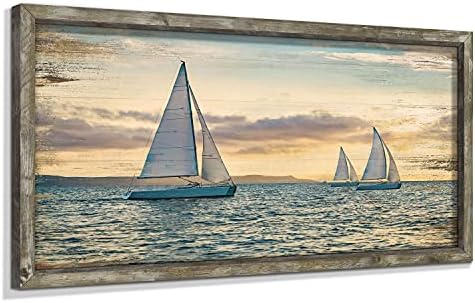 Бреговата Дървена Стена в Рамката на Изкуството: Океанская Живопис Изкуство Ветроходни Лодки Арт Декор Залез
