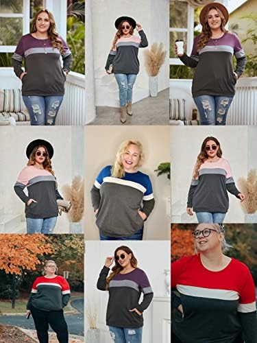 Дамски блузи, Големи размери ROSRISS, Пуловер с Цветни блокчета и Джобове, Дълъг ръкав