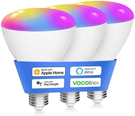 Интелигентни електрически крушки VOCOlinc 3 бр., BR30 RGBW, с променящ се цвят Крушка, работи с Алекса, Apple Homekit и Google Assistant, Многоцветен, с регулируема яркост 2200-7000 До 800 Лумена,