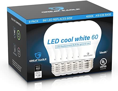 Led лампа Great Eagle Lighting Corporation A19, което е равно на 60 W, студен бял, 9 W 4000 K, led лампа без регулиране на яркостта стандартна основа E26, енергийно ефективен, депозирани в списъ?