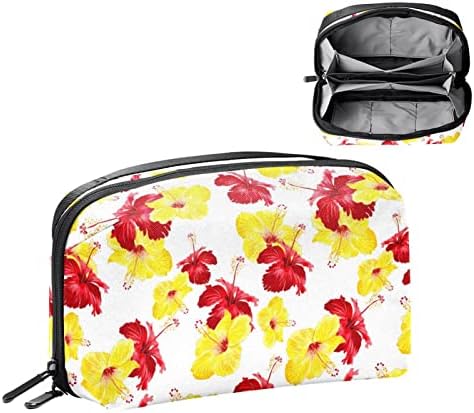 Косметичка Голям косметичка Чанта чанта чанта с цип за жени и момичета, жълто-червени цветя, хибискус с цветен модел