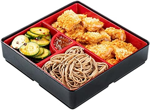 Квадратна черно-червена кутия за bento Bento Tek в японски стил - 4 отделения - 8 1/4 x 8 1/4 x 2 1/4 - 1 графична