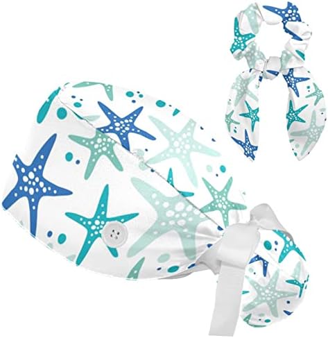 Синьо-Зелената Работна Шапчица с шарките на морски звезди, Регулируем с Лък, Ластикът за коса, Шапка с Начесом