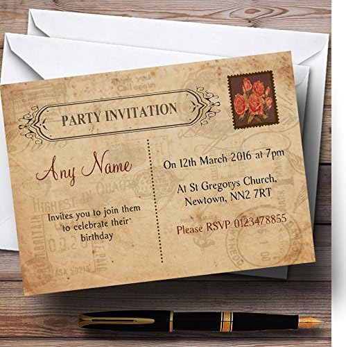 Потертая Луксозен Реколта пощенска картичка в селски стил, с Розов печат, Персонални парти по случай рождения ден на в.